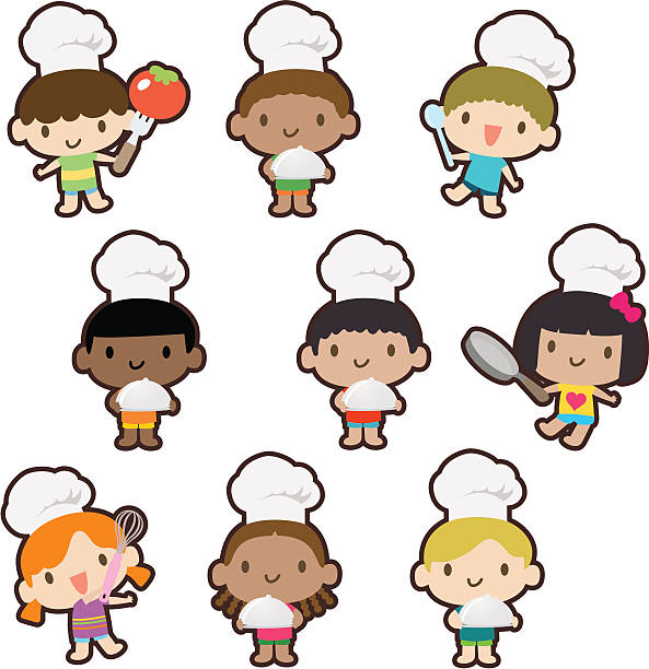 ilustrações, clipart, desenhos animados e ícones de culinária multicultural crianças, como assar, carregando uma coberta de jantar no prato - asian ethnicity chef fine dining creativity