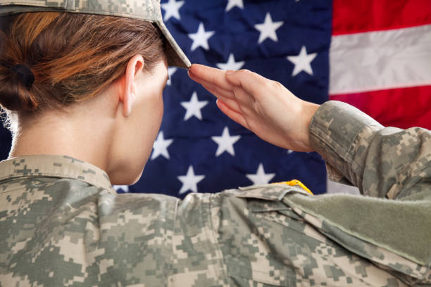 istock Female American Soldier Saluting 165675756