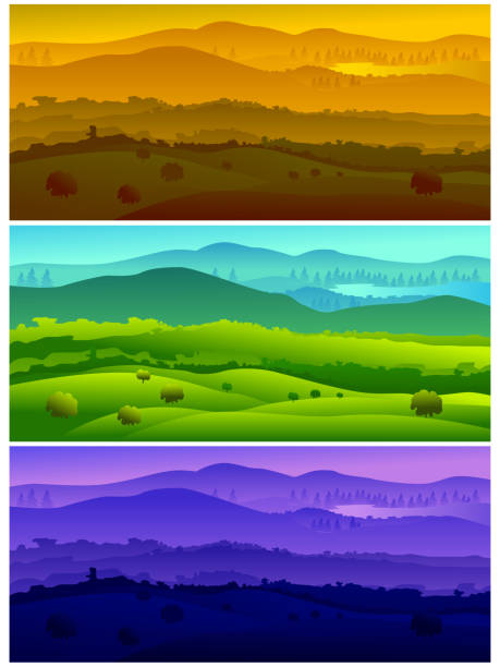 Beautiful landscapes, representing time of the Day Self illustrated Beautiful landscapes, representing timings of the Day (morning,after noon,night)all elements are in separate layers and grouped individually, easy to edit. Please visit my portfolio for more options. Please see more related images on these lightboxes: rolling hills stock illustrations