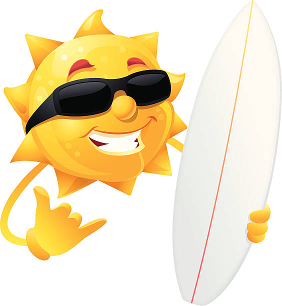 Cool sol Personagem segurando uma prancha de surf vestindo Óculos de sol Pretos - ilustração de arte vetorial