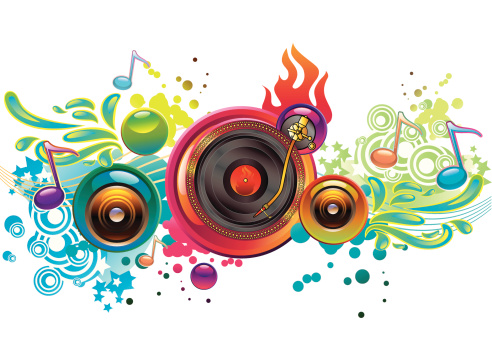 music theme - funky styled turntable with speakers, vector artwork