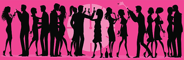 silvester-party-silhouette - toast party silhouette people stock-grafiken, -clipart, -cartoons und -symbole