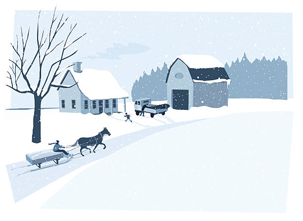Winter at the farm vector art illustration