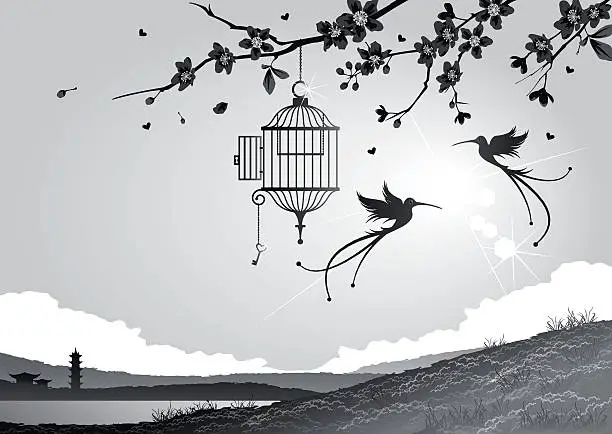 Vector illustration of Cherry blossoms with birds and cage