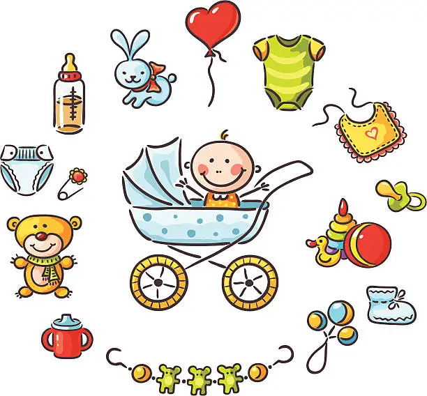 Vector illustration of Drawing of baby in a pram with accessories