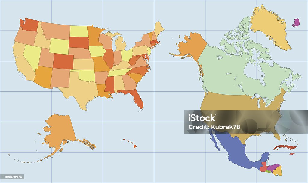 Mappa di Stati Uniti e in America settentrionale - arte vettoriale royalty-free di America del Nord