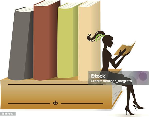 Ilustración de Chica Y Libros y más Vectores Libres de Derechos de Ilustración - Ilustración, Lomo de libro, Sentado