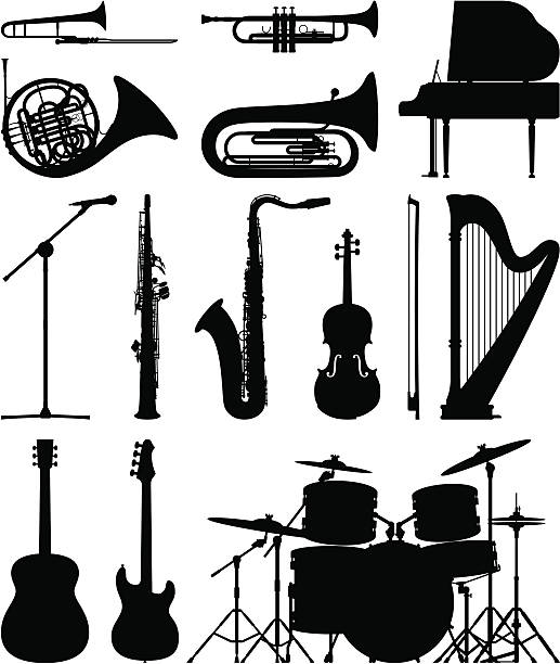 Instruments From left to right; trombone, trumpet, piano, french horn, tuba, microphone, soprano saxophone, saxophone, violin, harp, acoustic guitar, bass guitar, drum kit. guitar silhouettes stock illustrations