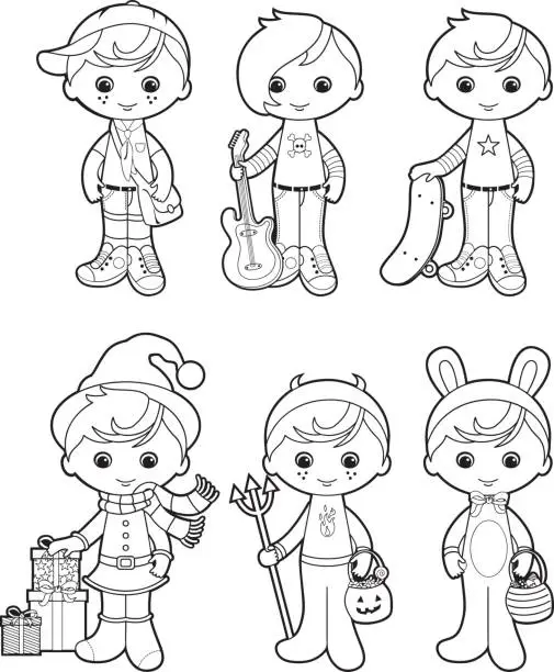 Vector illustration of Cute boys coloring set