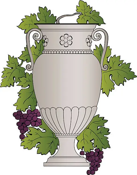 Vector illustration of Greek vas with grapes and leaf in color