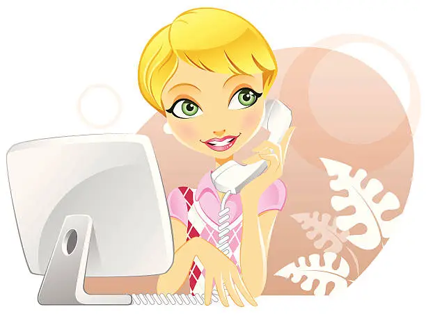 Vector illustration of Cute Customer Service Woman with Computer Monitor and Phone