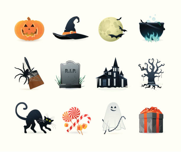 Universal icons | Set 15 (Halloween) Professional vector Halloween icons collection. Zip include transparent PNG, ai, pdf, svg. half moon stock illustrations