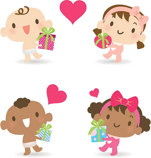 Vector illustration of Multicultural babies giving love gifts ( boy, girl )