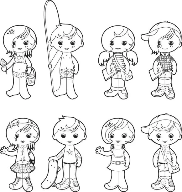 Vector illustration of Summer kids coloring set