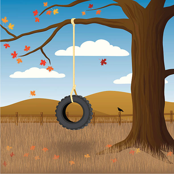 Tire Swing in Autumn Vector illustration of a tire swing and maple tree with colorful leaves against an autumn landscape background.  Illustration uses linear and radial gradients.  Both CS .ai and AI8-compatible .eps formats are included, along with a high-res .jpg. tire swing stock illustrations