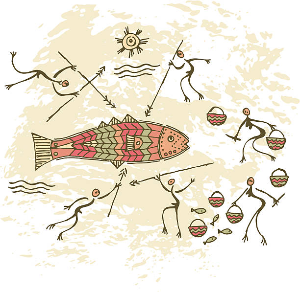 ilustrações, clipart, desenhos animados e ícones de pintura rupestre pré-histórica de pesca - cave painting aborigine ancient caveman