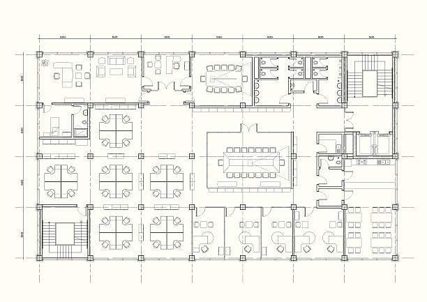 illustrazioni stock, clip art, cartoni animati e icone di tendenza di ufficio edificio di architettura piano - office furniture open plan desk