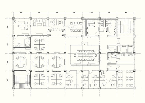 office building architectural plan grayscale architectural plan of an office building.  blueprint drawings stock illustrations