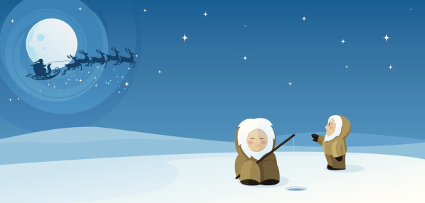 Two Eskimos are out fishing on Christmas Eve in the North Pole. They see santa flying through the sky past the full moon with his reindeer and sleigh on his way to deliver gifts around the world.