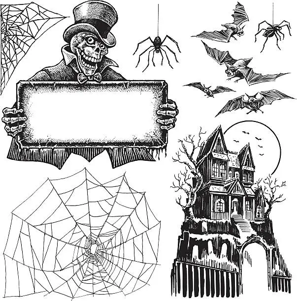 Vector illustration of Halloween Haunted House, Skeleton and Bats