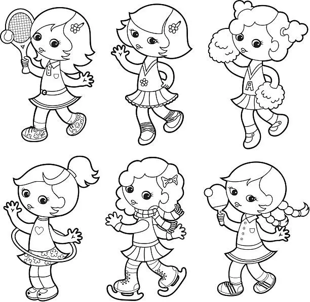 Vector illustration of Sporty girls coloring set