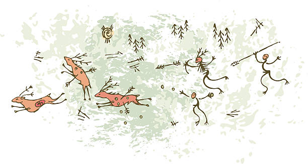 ilustrações de stock, clip art, desenhos animados e ícones de pintura deerhunt caverna pré-histórica - throwing people stone tossing
