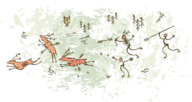 доисторическая пещера картина deerhunt - throwing people stone tossing stock illustrations