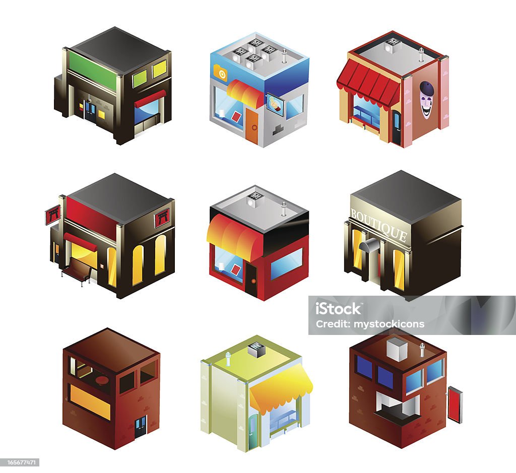 Isometric Building Collection A variety of isometric store fronts. Diminishing Perspective stock vector