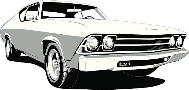 illustrazioni stock, clip art, cartoni animati e icone di tendenza di nero & bianco 1969 chevelle ss - vehicle part motor vehicle car customized