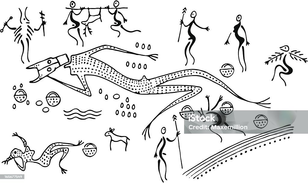 Prehistoric Funerary Rites A cave painting depicting funerary rites for the chief.  The chief lies centre image, the chief's sacrificed wife at the bottom, food gifts are given, shamen perform.  Elements on seperate layers.  All white has been knocked out. African Culture stock vector