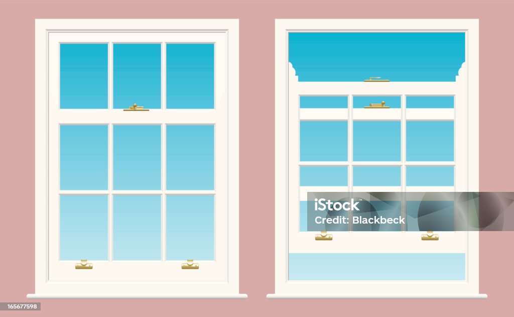 Sash Windows Two sliding sash windows with brass fittings. The sashes are constructed on separate layers and can be slid independently of one another, as illustrated in the open window on the right. The catch is locked closed on the window on the left, but is shown unlocked on the right, with its two main components redrawn accordingly. The window panes are all cut out, allowing you to substitute a different view on a single layer very easily. The wallpaper is also on a separate layer. Sash Window stock vector