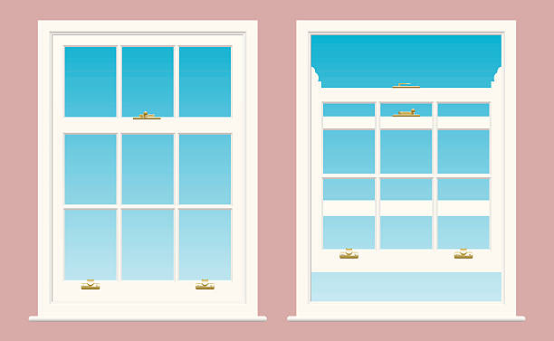 Sash Windows Two sliding sash windows with brass fittings. The sashes are constructed on separate layers and can be slid independently of one another, as illustrated in the open window on the right. The catch is locked closed on the window on the left, but is shown unlocked on the right, with its two main components redrawn accordingly. The window panes are all cut out, allowing you to substitute a different view on a single layer very easily. The wallpaper is also on a separate layer. zills stock illustrations