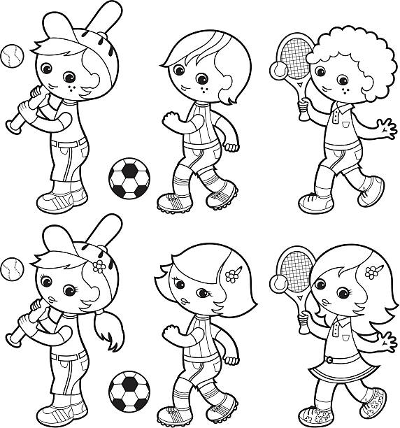 Sporty boys coloring set Cute kids playing their favorite sport. black and white anime girl stock illustrations