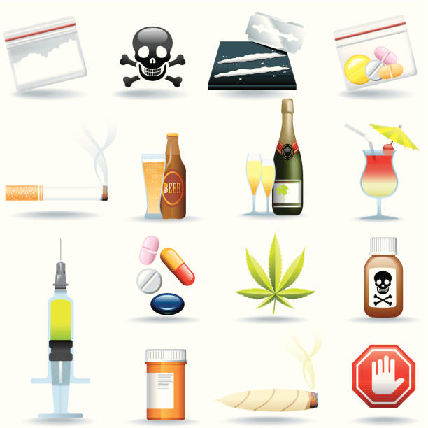 ilustraciones, imágenes clip art, dibujos animados e iconos de stock de icono conjunto, fármacos y bebidas de cortesía - narcotic medicine addiction addict