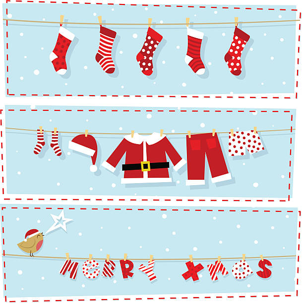 Natal banners, meias de Natal & Fantasia de Papai Noel - ilustração de arte em vetor