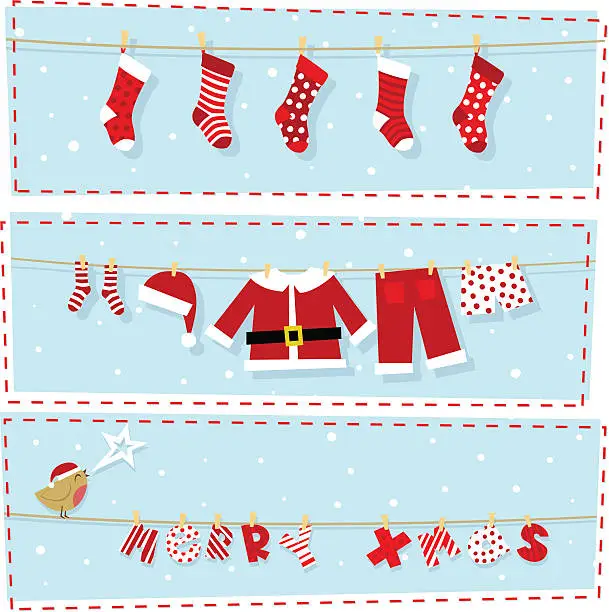 Vector illustration of Christmas banners, xmas stocking & santa claus costume