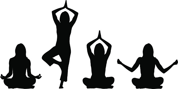 4 different yoga silhouette positions, performed by a woman.