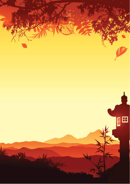 illustrazioni stock, clip art, cartoni animati e icone di tendenza di tramonto con lanterna giapponese - horizon over land tree sunset hill