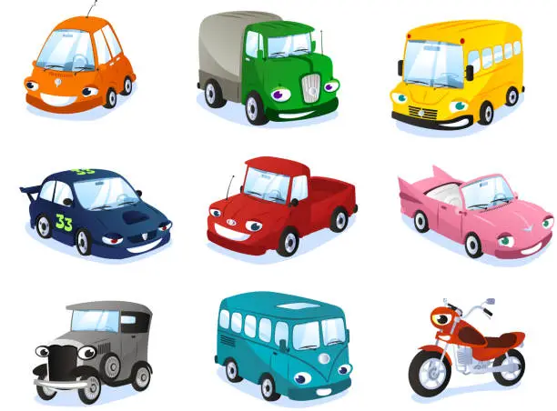 Vector illustration of Transportation means: Car Truk Bus Motorbike Wagon Types