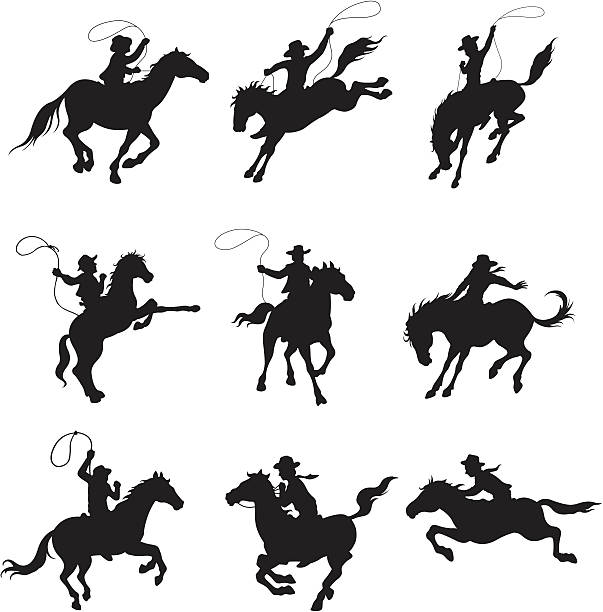 illustrations, cliparts, dessins animés et icônes de cowboys de rodéo en équilibre sur les chevaux - cowboy rodeo wild west bucking bronco