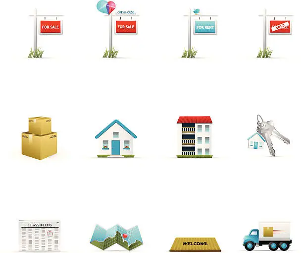 Vector illustration of Assortment of 12 colorful real estate icons