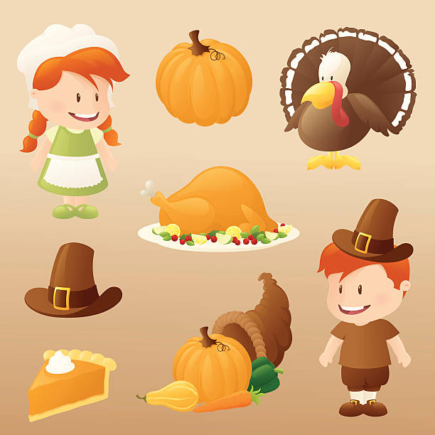 추수감사절 이뤄보세요 - thanksgiving pilgrim turkey little girls stock illustrations