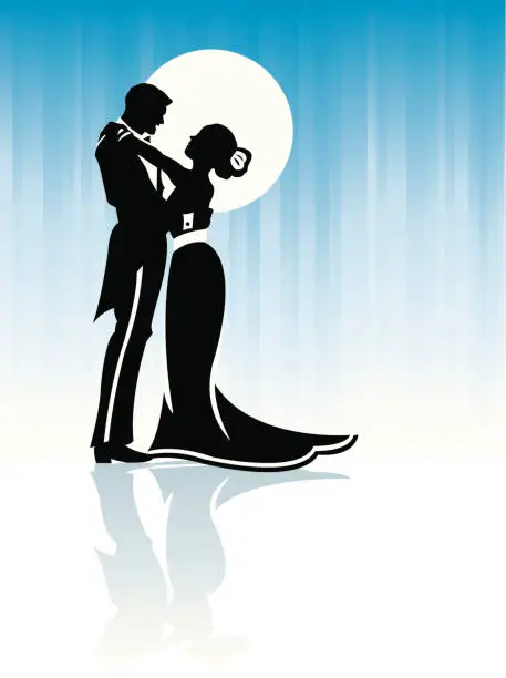 Vector illustration of Couple Hugging or Dancing in Moonlight Background