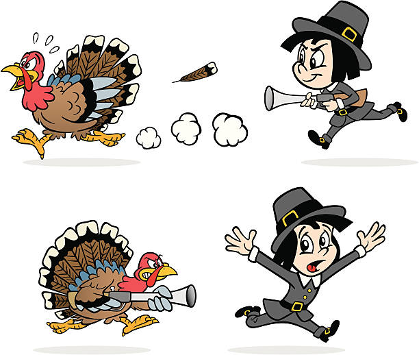 ilustrações de stock, clip art, desenhos animados e ícones de a turquia ser chased, peregrino - turkey thanksgiving cartoon animated cartoon