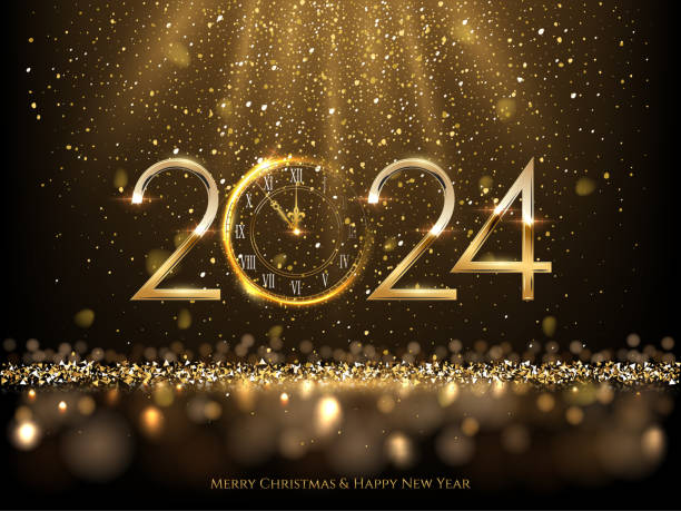 2024년 새해 복 많이 받으세요 시계 카운트다운 배경. 반짝이는 추상적인 축하와 함께 빛에 빛나는 금빛 반짝임. 인사말 축제 카드 벡터 그림입니다. 메리 휴일 포스터 또는 벽지 디자인 - happy new year 2024 stock illustrations