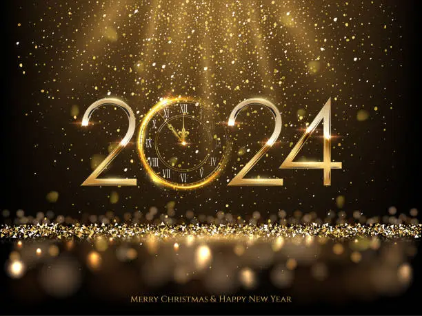 Vector illustration of 2024 Happy New Year clock countdown background. Gold glitter shining in light with sparkles abstract celebration. Greeting festive card vector illustration. Merry holiday poster or wallpaper design