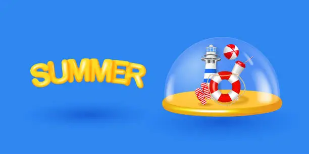 Vector illustration of Summer vacation poster with 3d objects