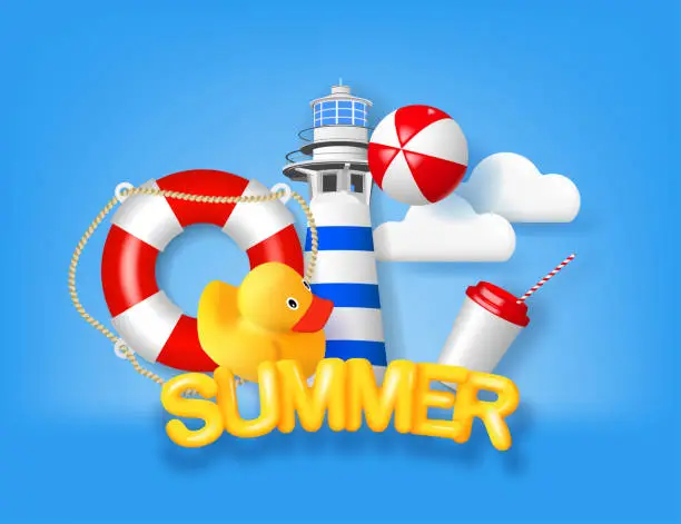 Vector illustration of Summer vacation poster with 3d objects