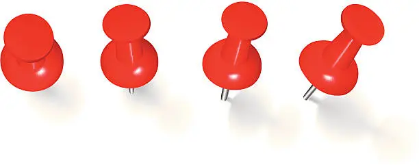 Vector illustration of Four red thumbtacks stuck on white background
