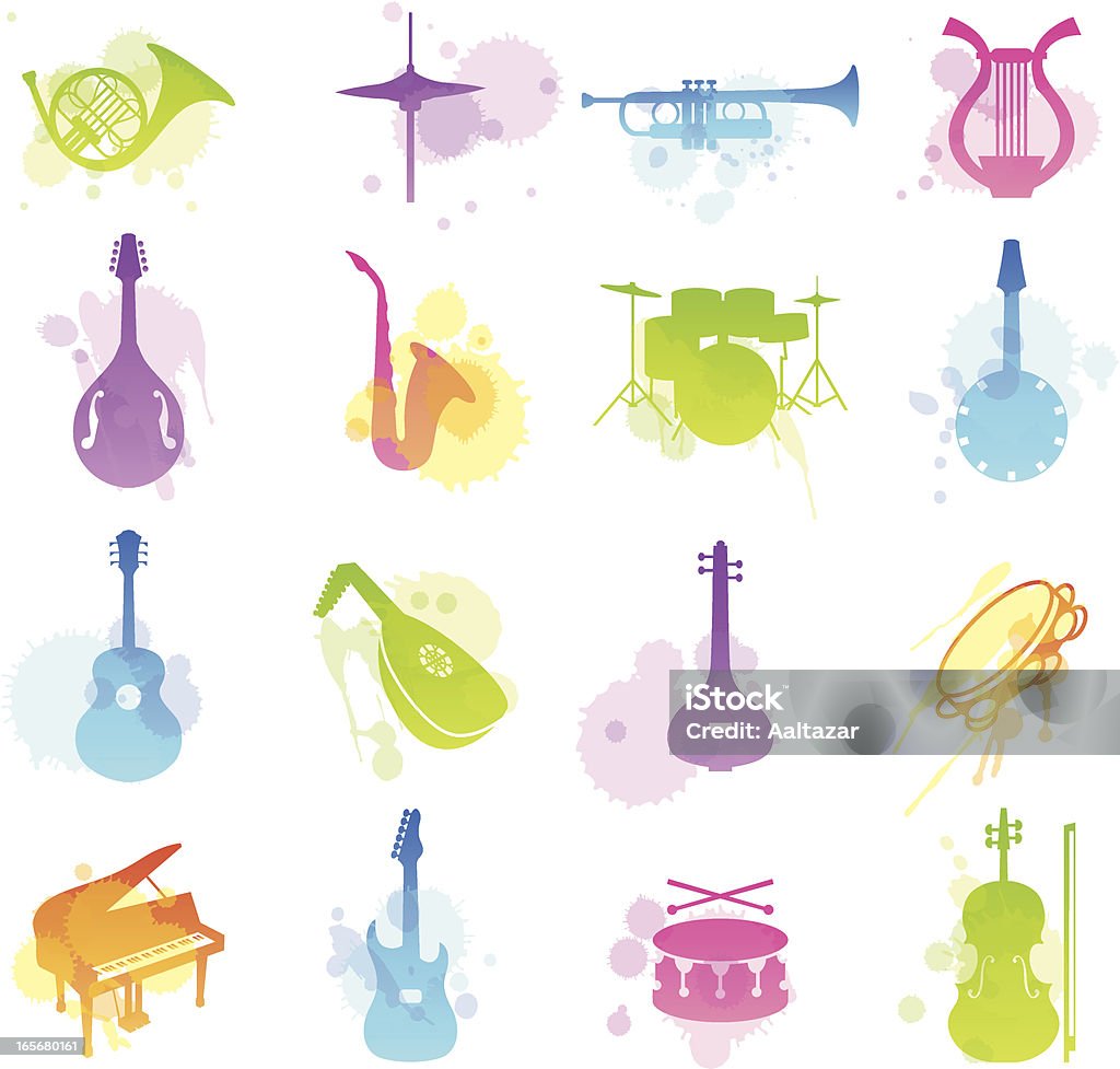 Multicolored stains icons of various musical instruments 16 stains icons representing different Musical Instruments. Musical Instrument stock vector